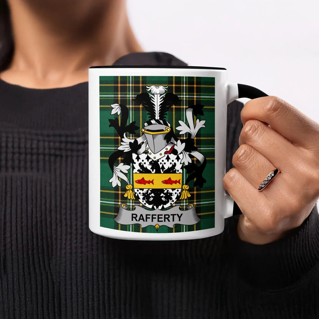 Rafferty black accent mug with Irish National Tartan and family crest