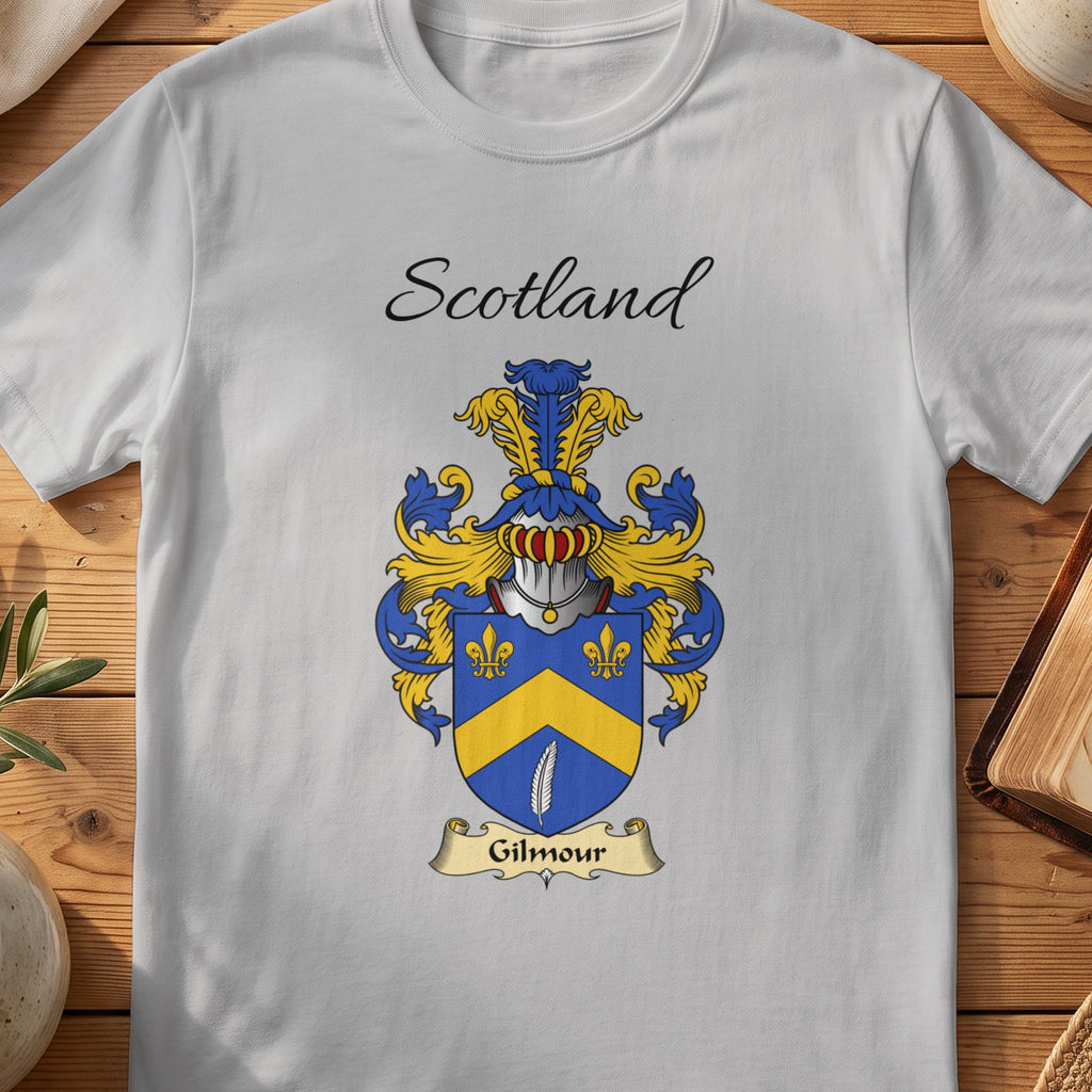 Sport Grey Gilmour Scottish family shield T-shirt featuring a gold chevron and fleurs-de-lis on blue