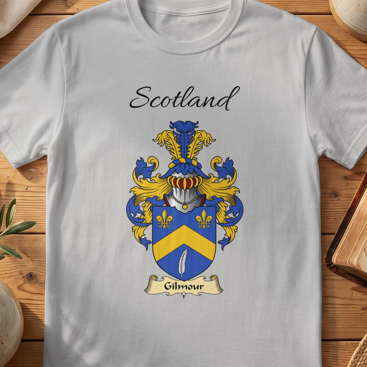 Sport Grey Gilmour Scottish family shield T-shirt featuring a gold chevron and fleurs-de-lis on blue