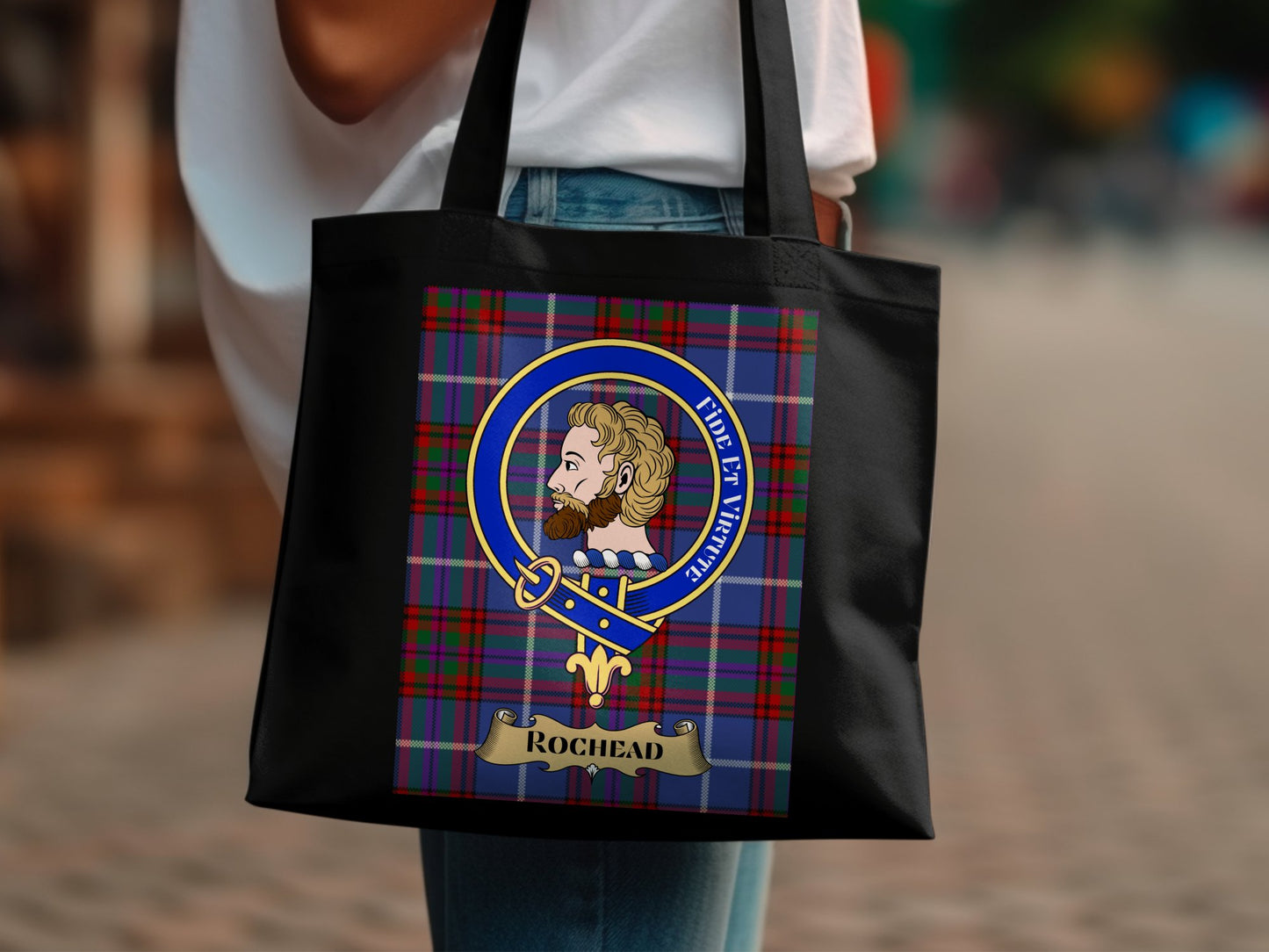 Scottish Clan Crest on Tartan Background Rochead Tote Bag - Living Stone Gifts