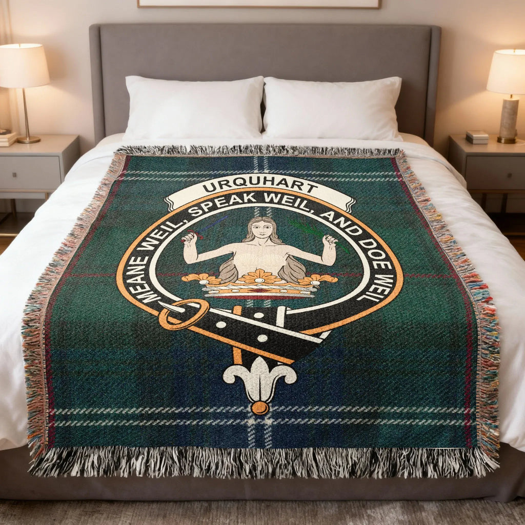 Clan Urquhart crest tartan woven blanket — 100% cotton, cosy home decor