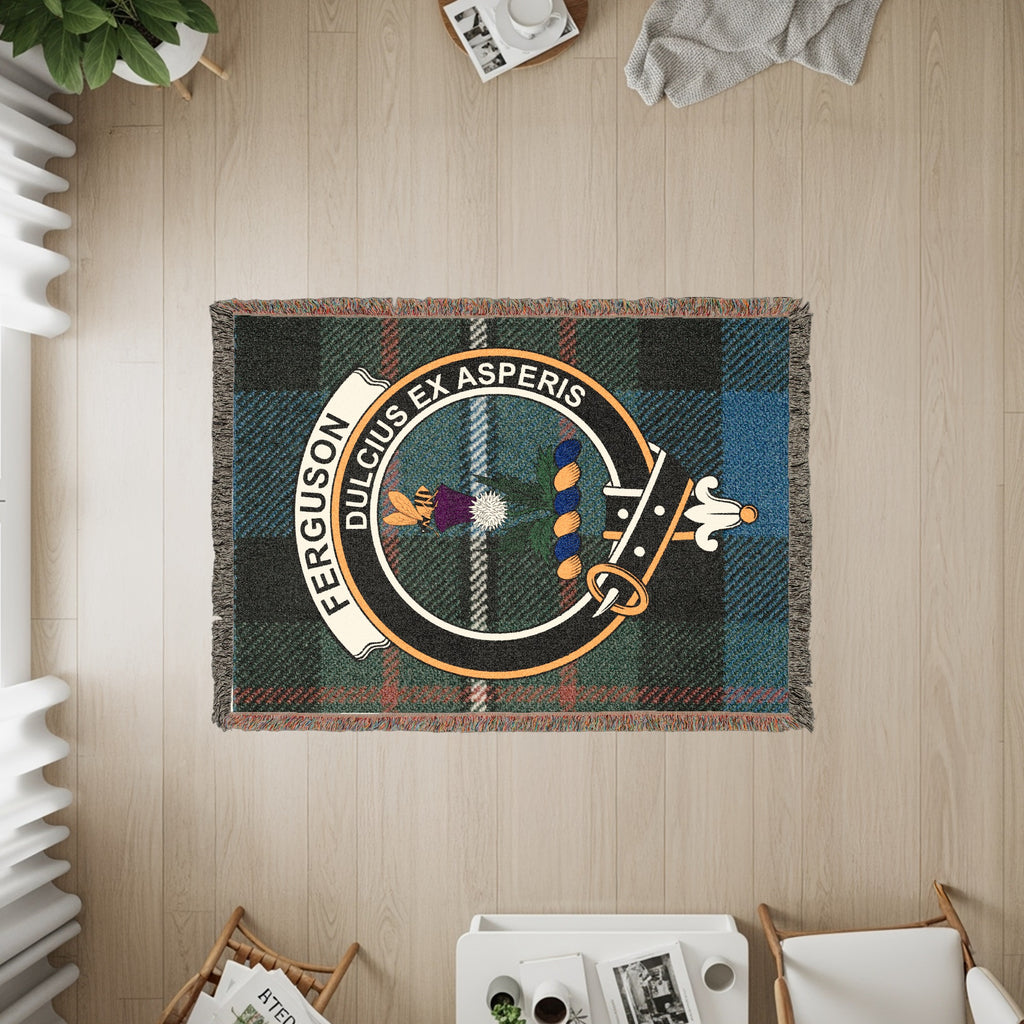 Tartan blanket featuring the Ferguson clan crest with motto "Dulcius ex Asperis".