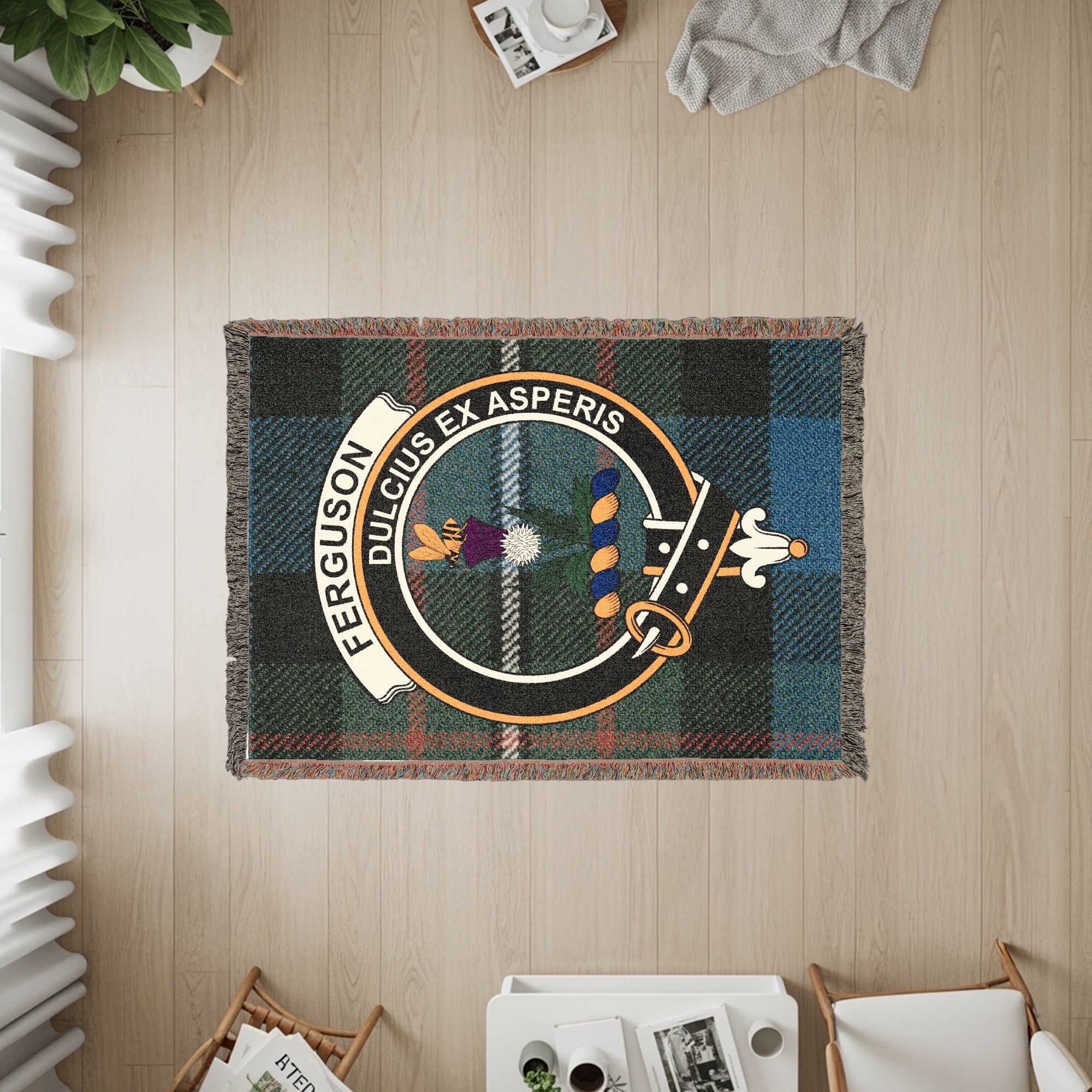 Tartan blanket featuring the Ferguson clan crest with motto "Dulcius ex Asperis".