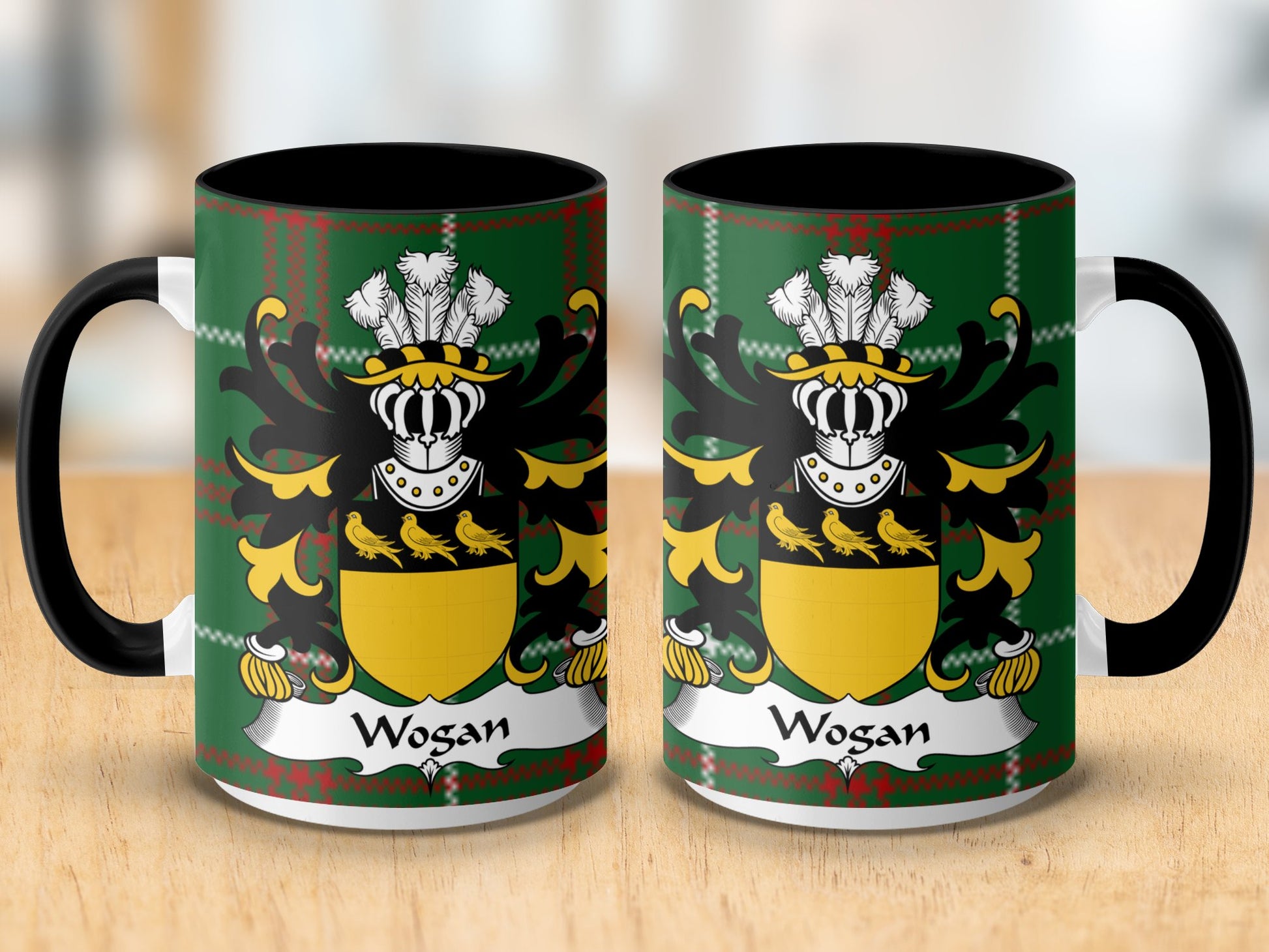 Wogan Welsh Surname Coat of Arms Tartan Background Mug - Living Stone Gifts