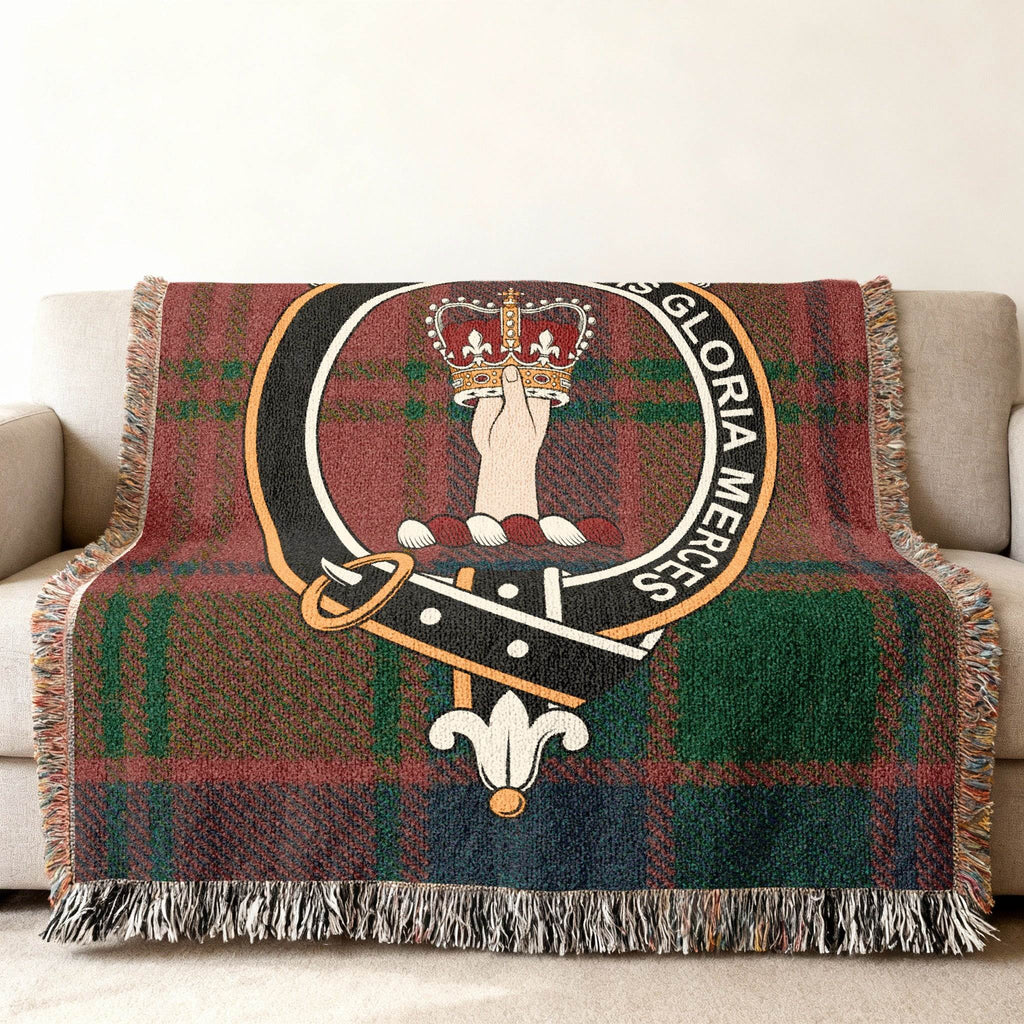 Robertson virtutis gloria merces crest woven blanket — folded, showing tartan detail