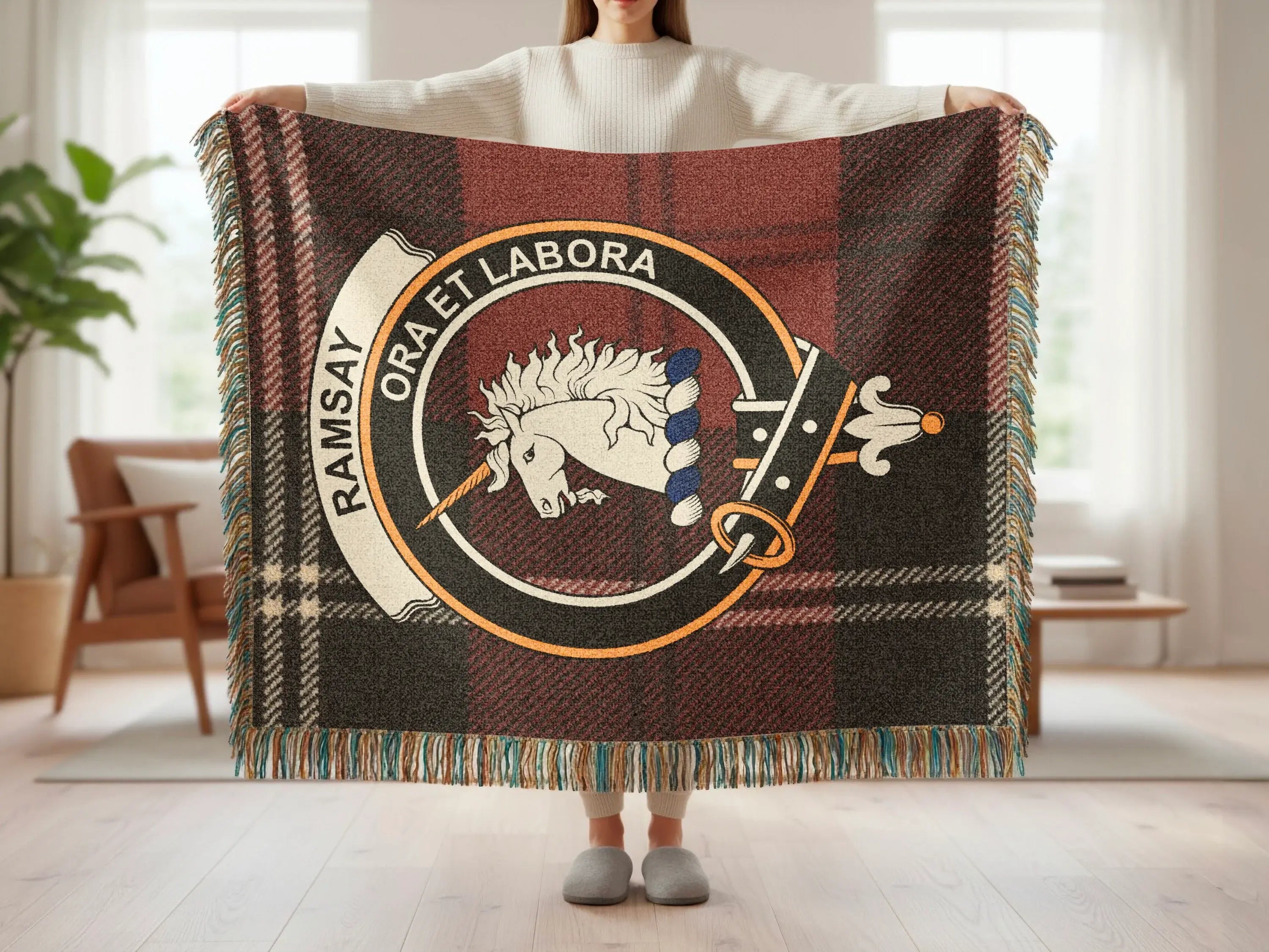 Ramsay ora et labora woven blanket in full — fringe edge and red tartan pattern
