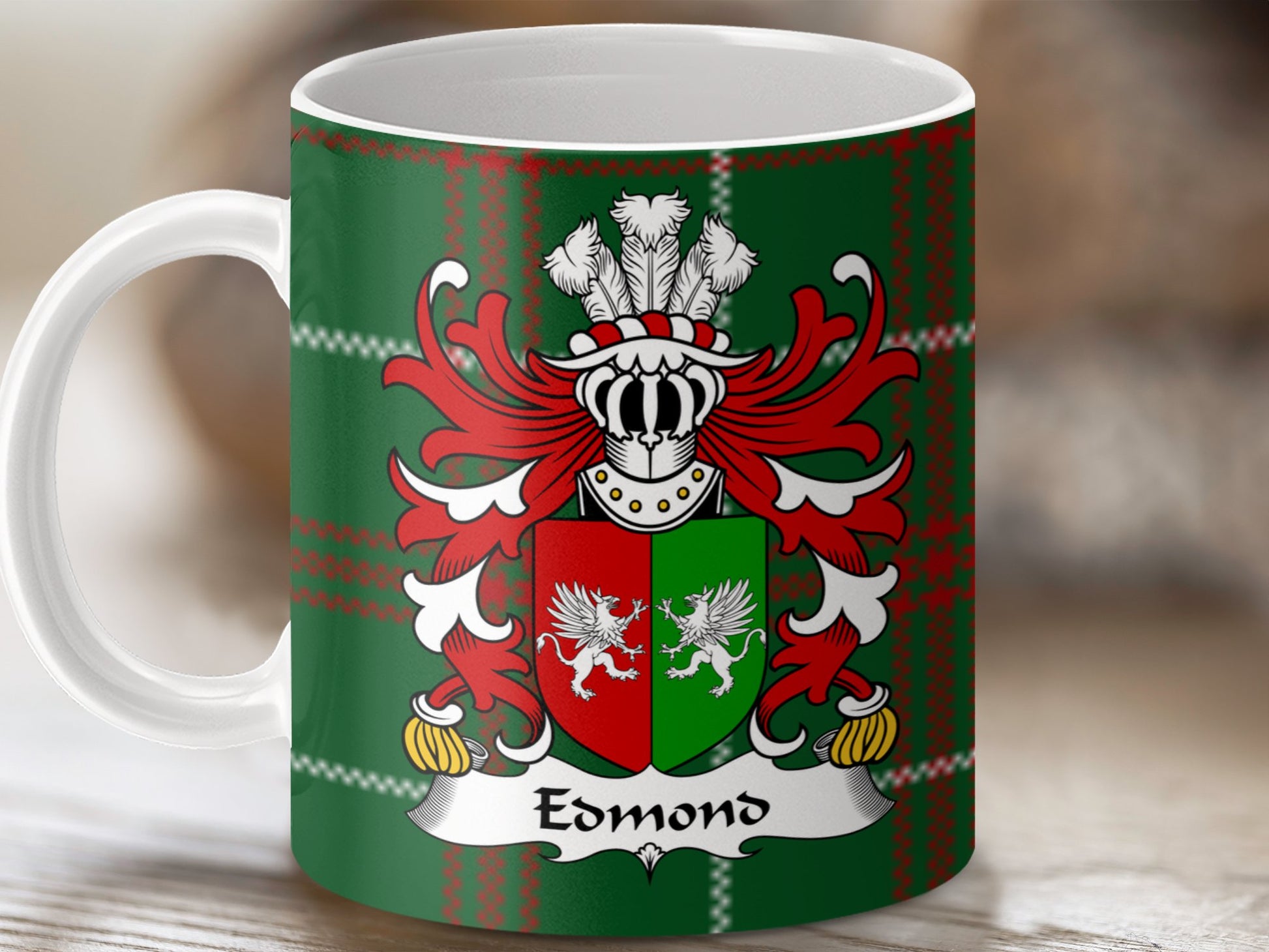 Edmond Welsh Surname Coat of Arms Tartan Background Mug - Living Stone Gifts