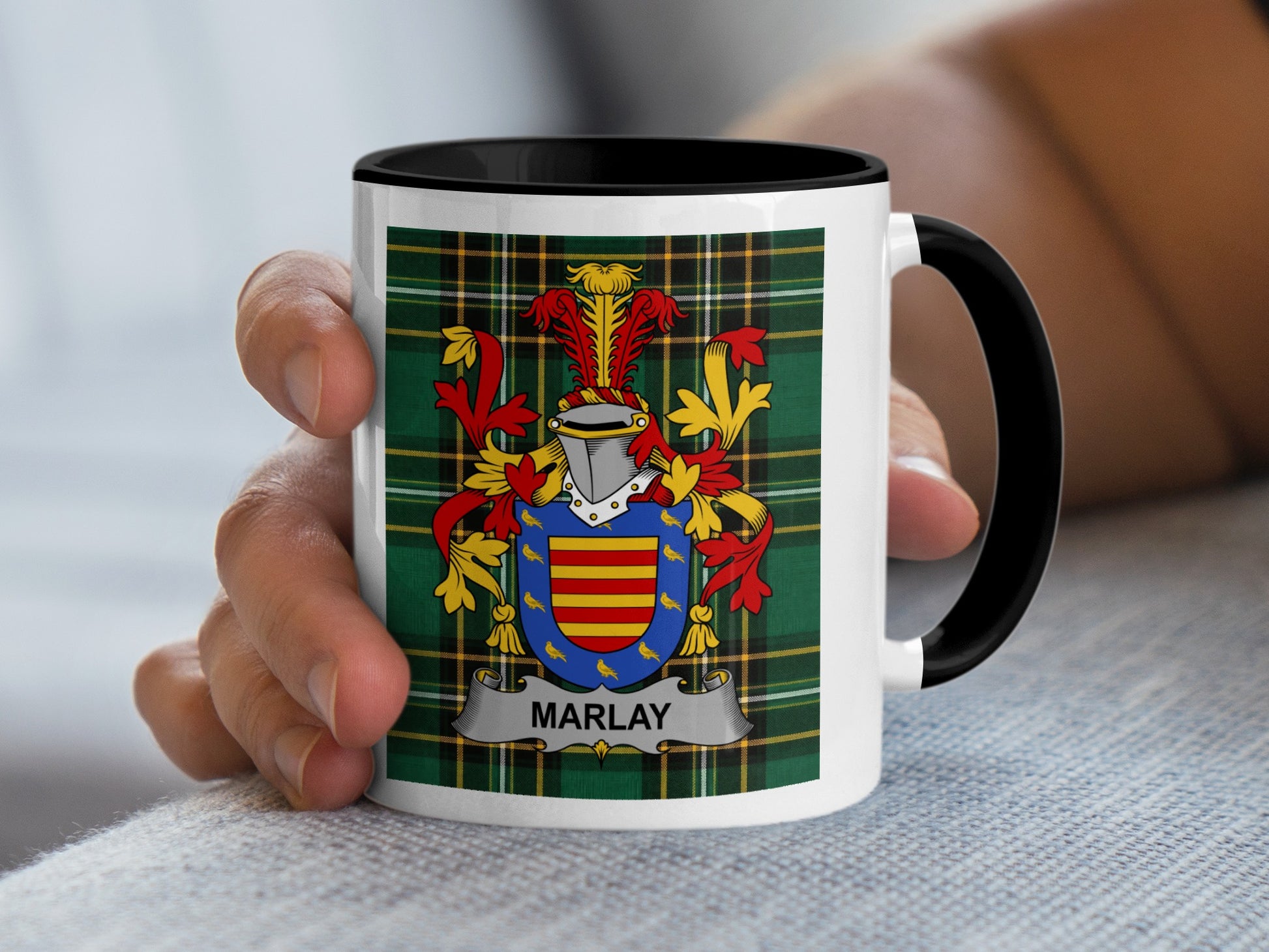 Mug with Marlay family crest on tartan background.