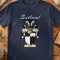 Navy Laing family shield T-shirt featuring black-and-white quarters with a jagged dividing line