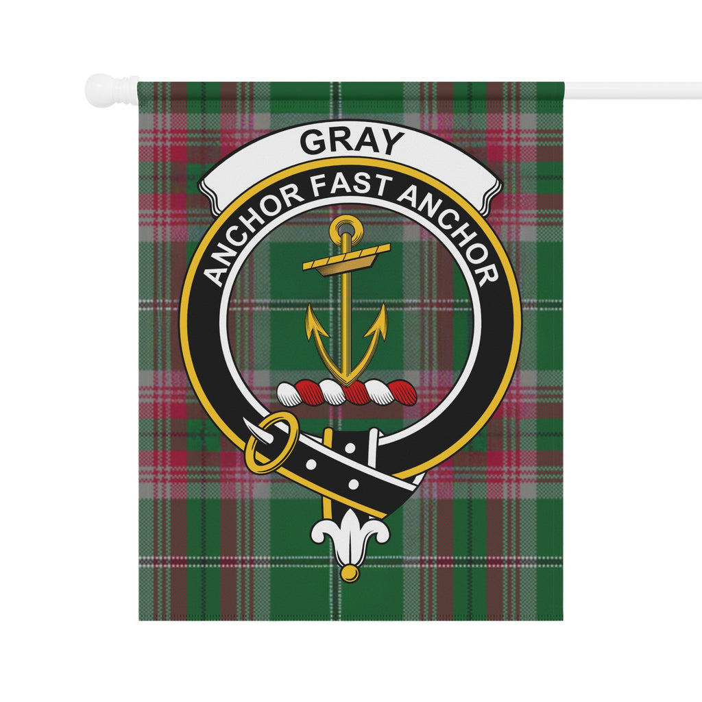 Gray crest with anchor and banner on tartan garden flag — detail