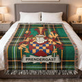 Green plaid blanket with Prendergast family crest draped on a bed.