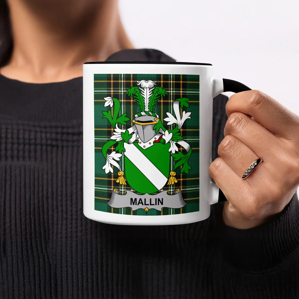 Mug with green and white tartan crest and "MALLIN" banner.