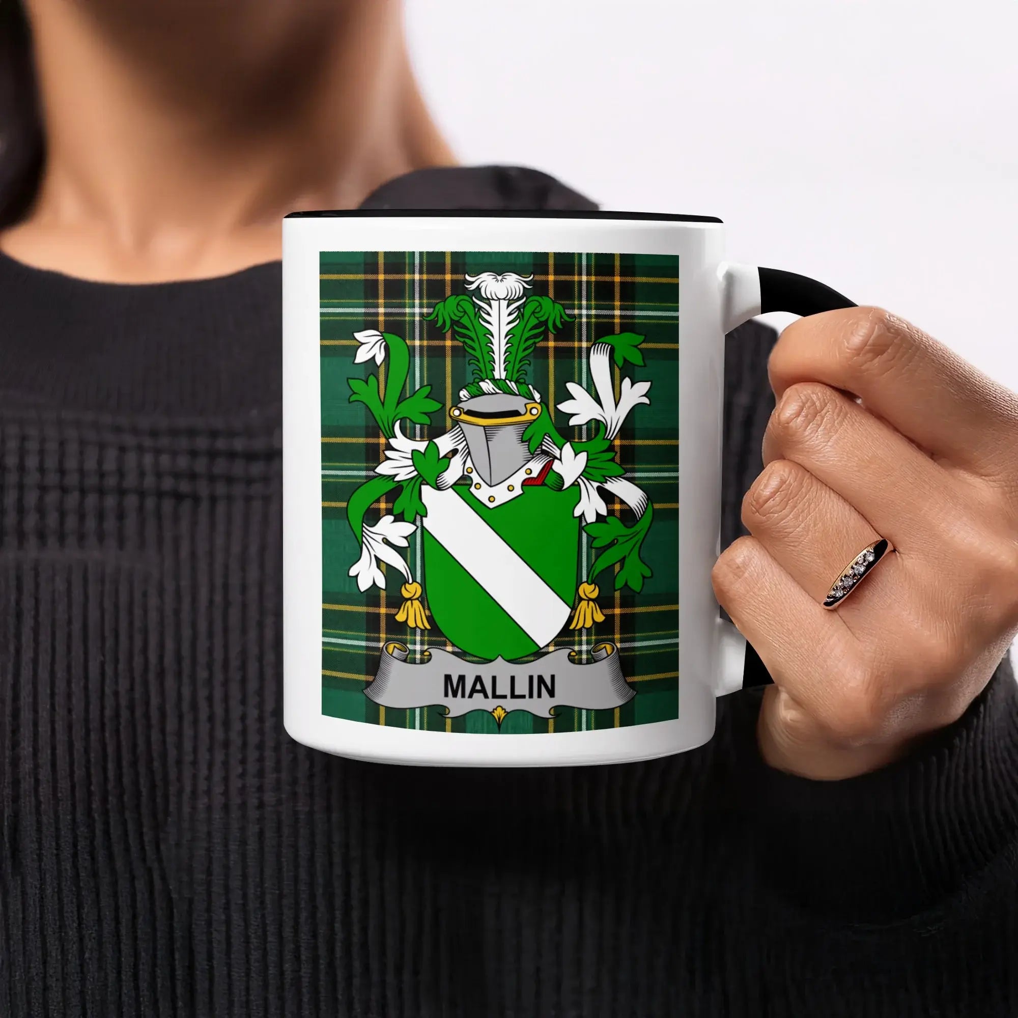 Mug with green and white tartan crest and "MALLIN" banner.