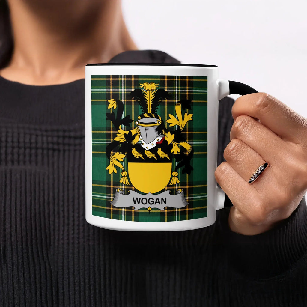Mug with the Wogan family crest on a green tartan background.