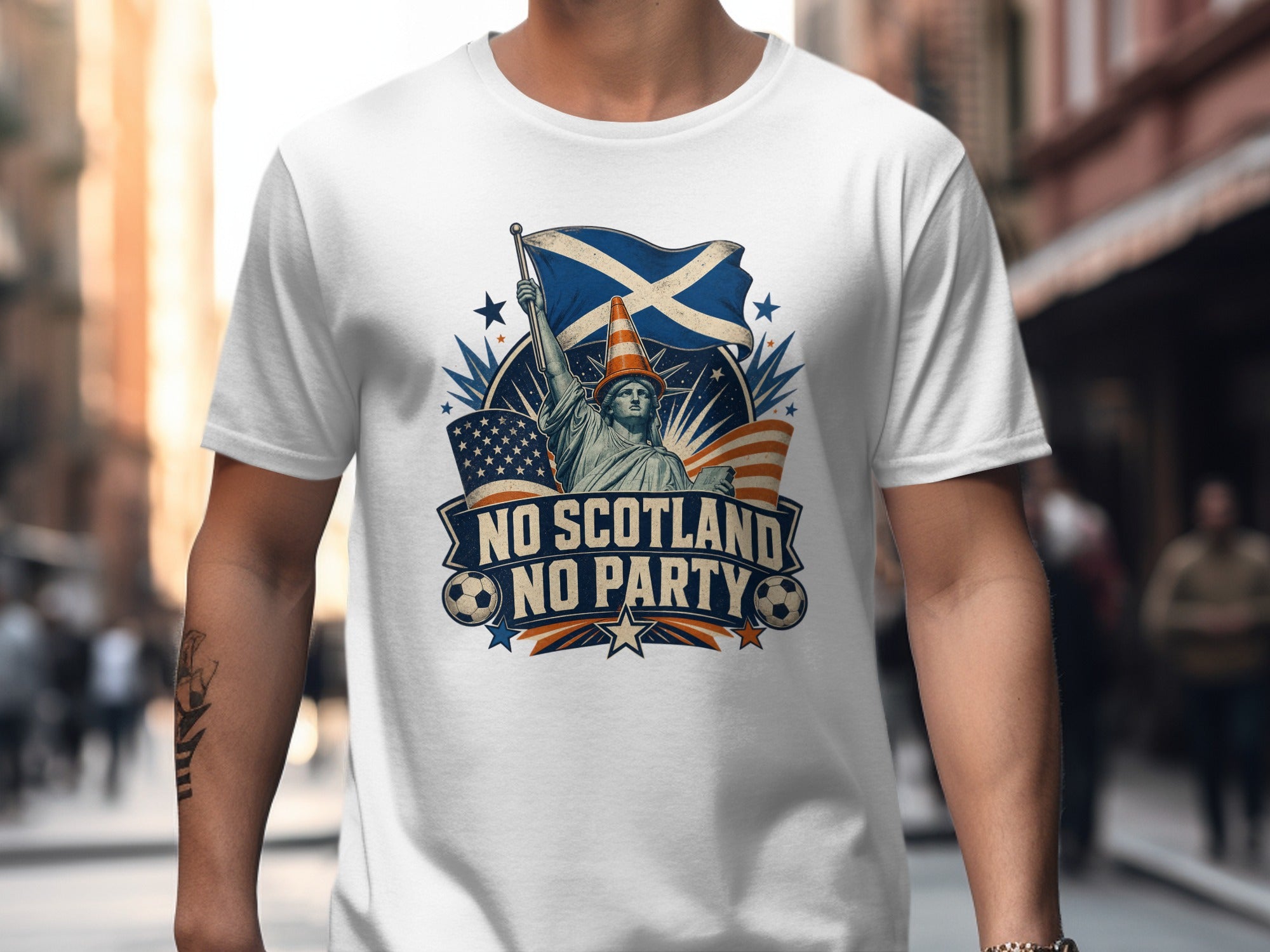 Statue of Liberty with traffic cone, Scottish flag, and text "No Scotland No Party".