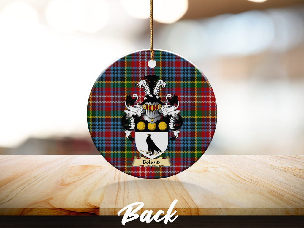 Round Boland Scottish clan ornament with family crest on a Caledonia tartan background