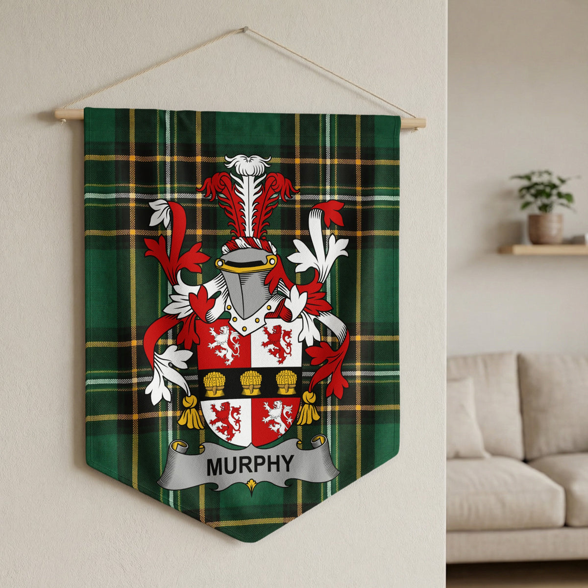 Murphy family crest banner on green plaid fabric.