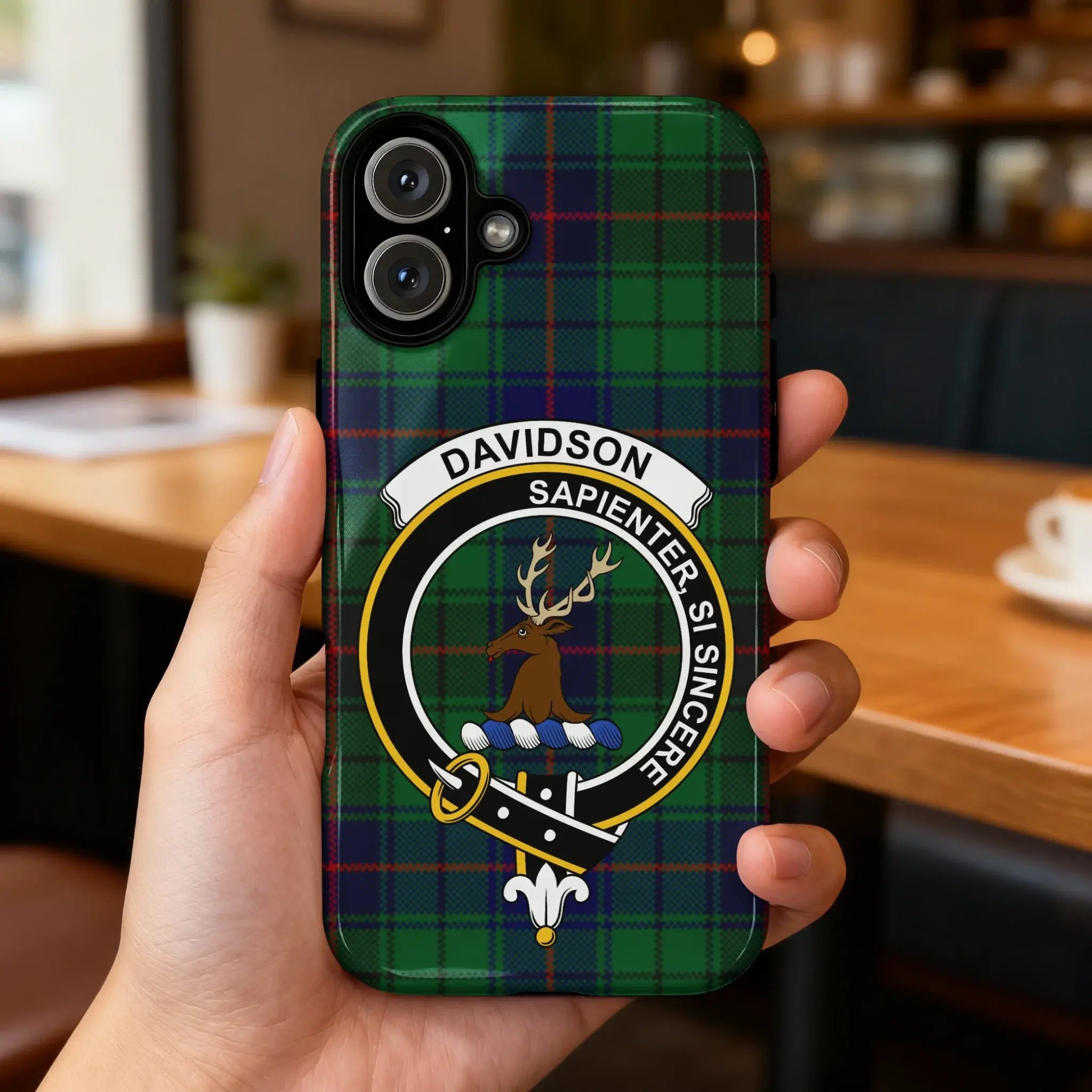 Davidson Sapienter Si Sincere tartan phone case cover — full heraldic wrap on glossy case