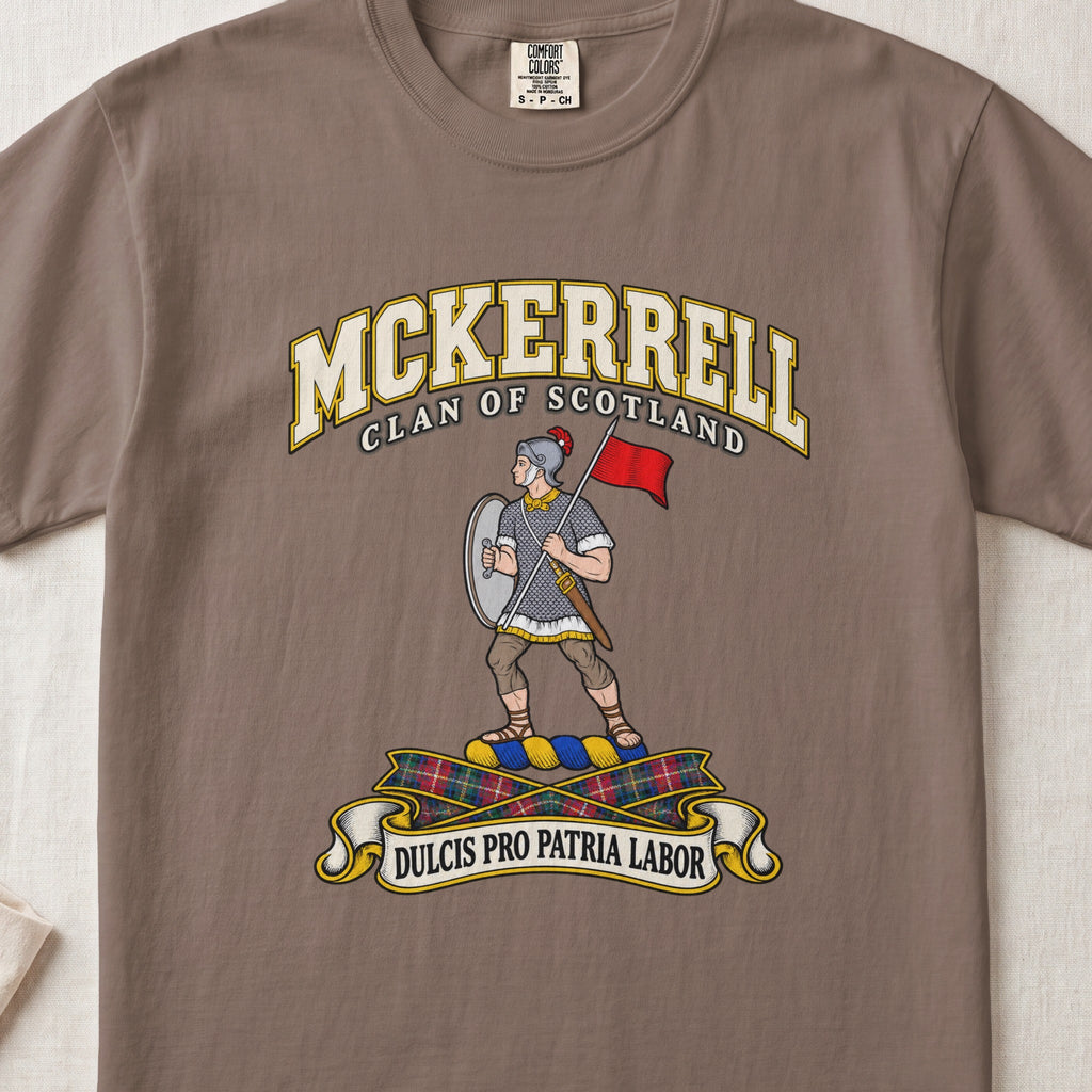 McKerrell Scottish clan T-shirt in Espresso, front view with an armoured figure carrying a shield and red flag and motto banner.