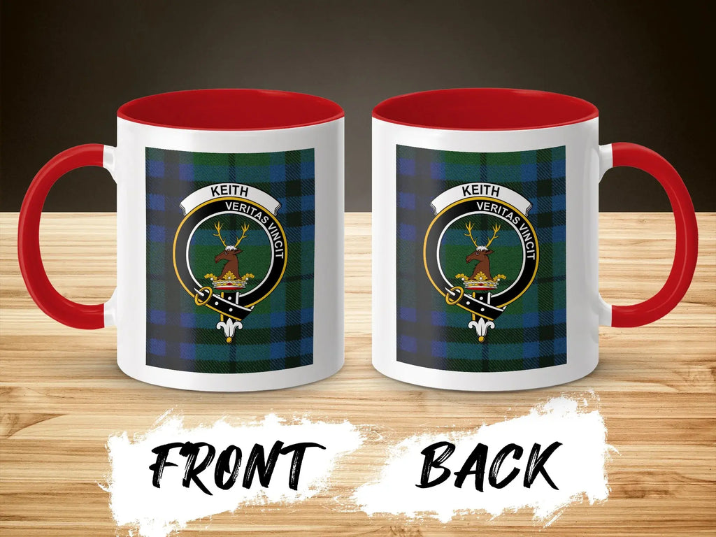 Keith Veritas Vincit tartan plaid mug with red handle — clan crest on 11oz glossy ceramic