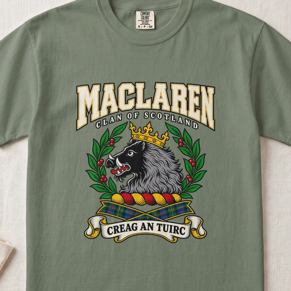 MacLaren graphic T-shirt in Moss green, front flat lay showing varsity lettering and crowned black and grey boar head with white tusks.