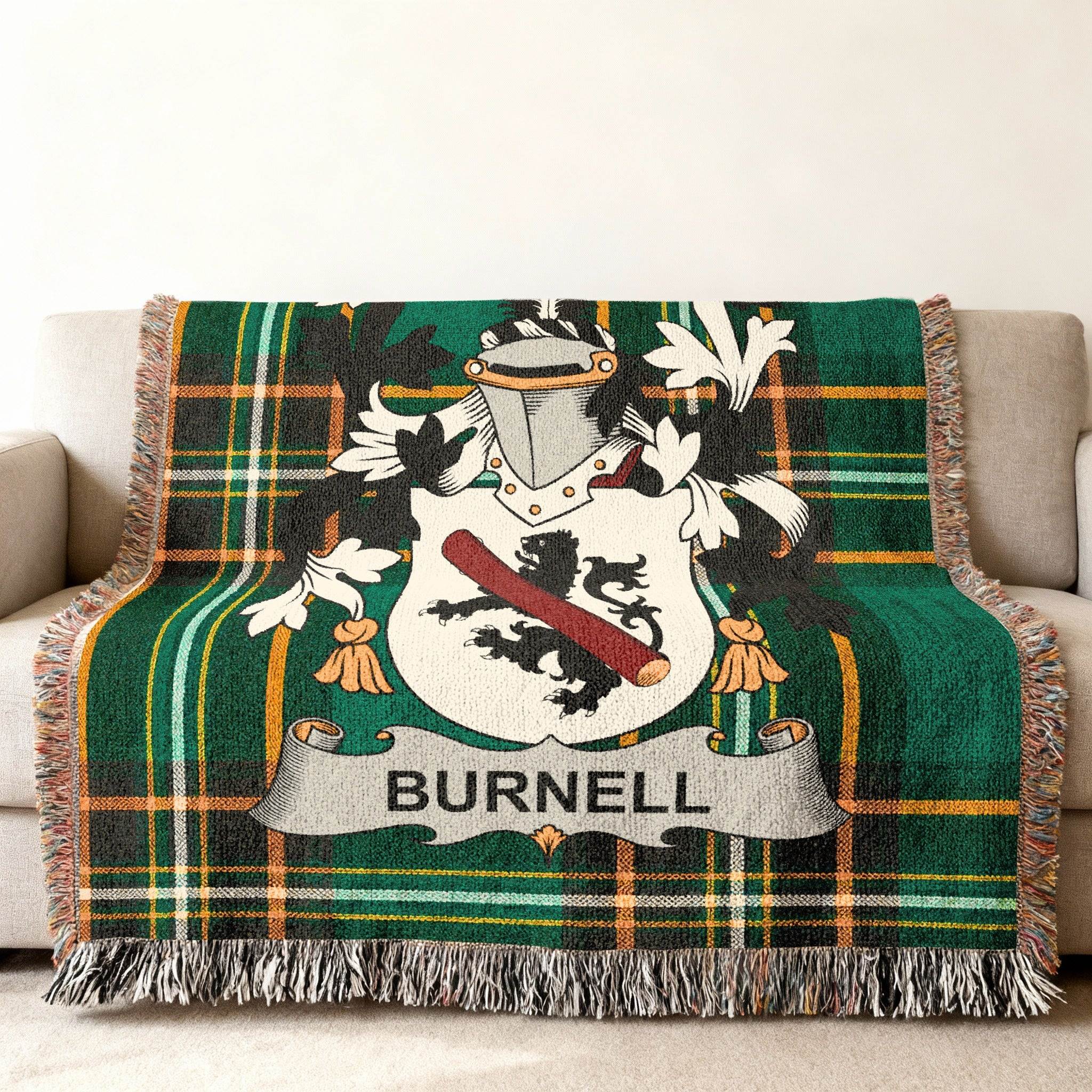 Burnell Coat Arms Tartan Throw Green Black Orange product type