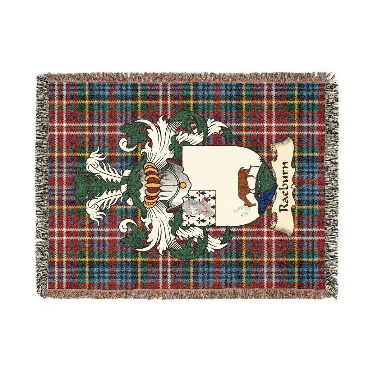 Raeburn Scottish woven blanket with family shield and Caledonia tartan background