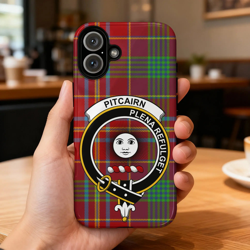 Clan Pitcairn tartan phone case — full 3D wrap with Plena Refulget crest, glossy finish