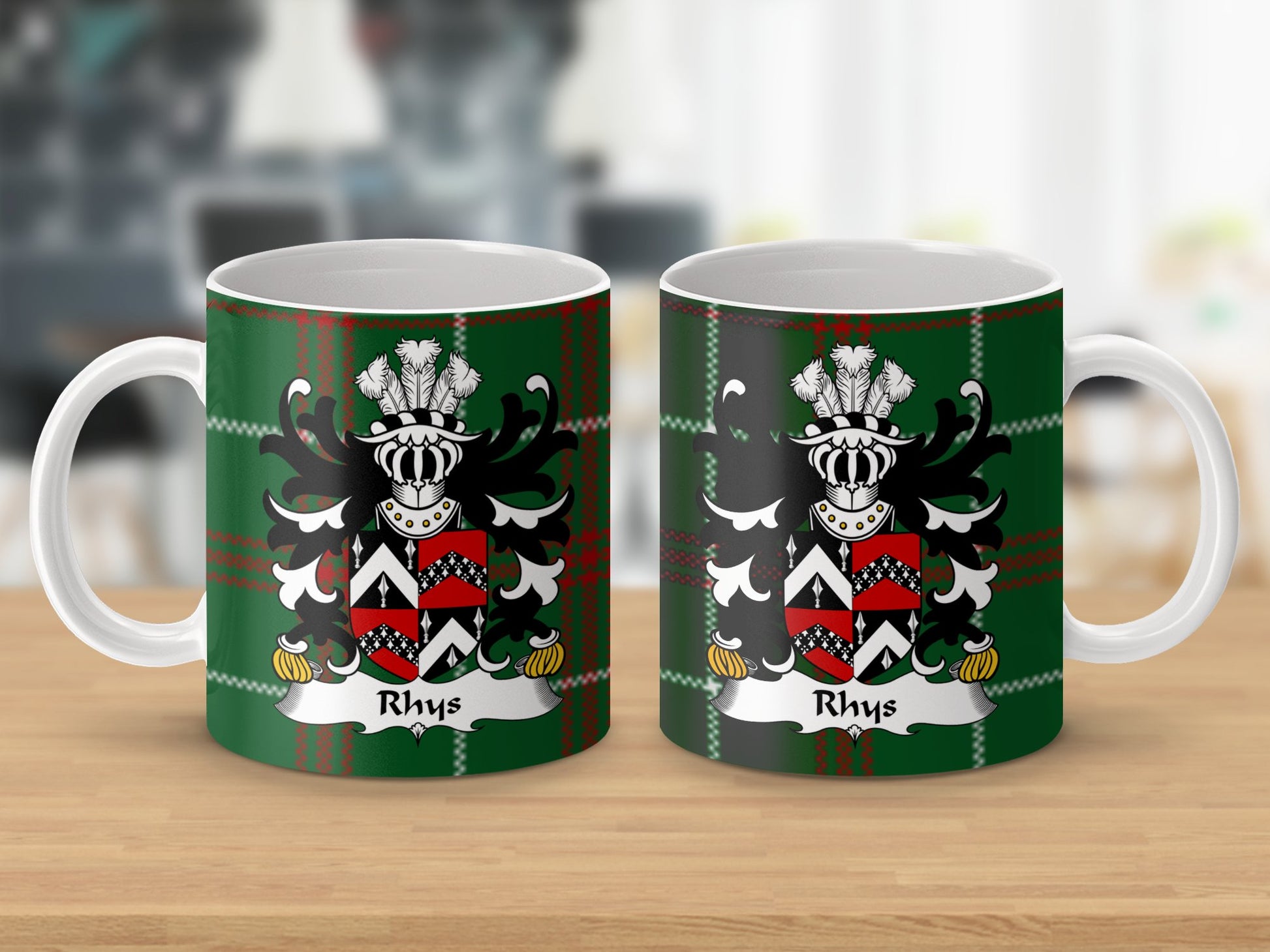 Rhys Coat of Arms on Welsh National Tartan Background Mug - Living Stone Gifts