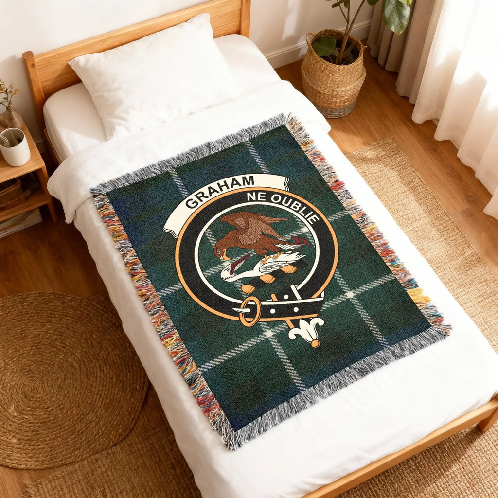 Graham Ne Oublie crest design woven blanket — 60x50 size, blue and green plaid, fringe edge