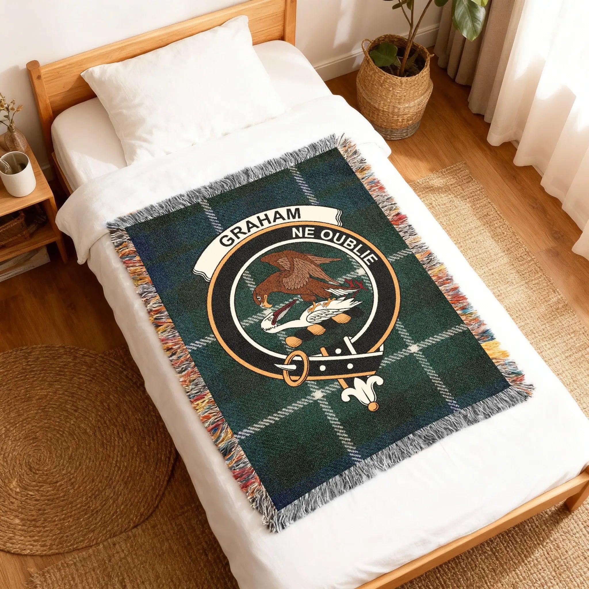 Graham Ne Oublie crest design woven blanket — 60x50 size, blue and green plaid, fringe edge