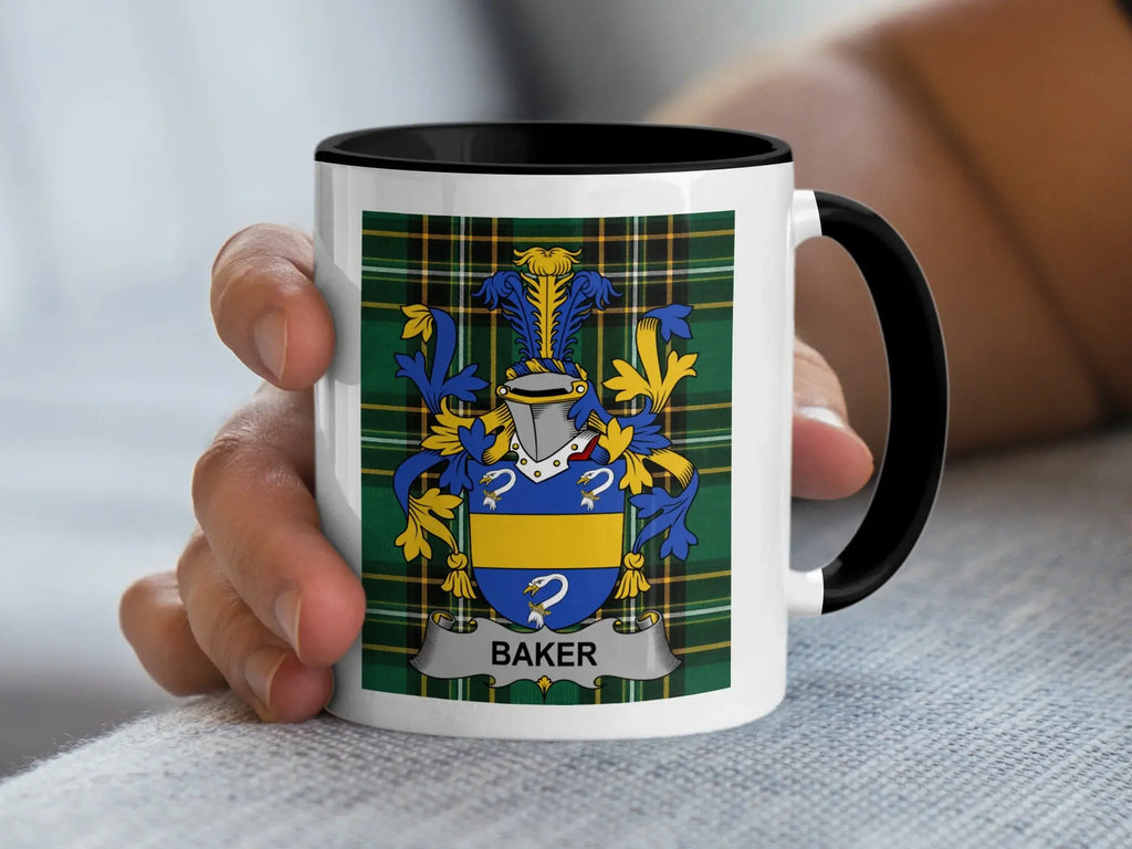 White mug with black rim featuring a family crest with the name "BAKER".