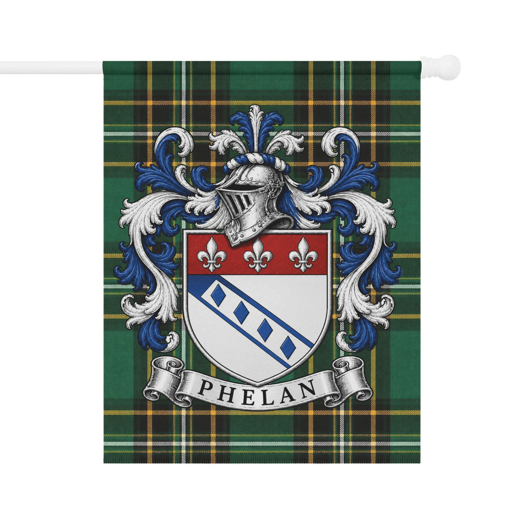 Phelan Irish National Tartan garden flag featuring the Phelan family crest