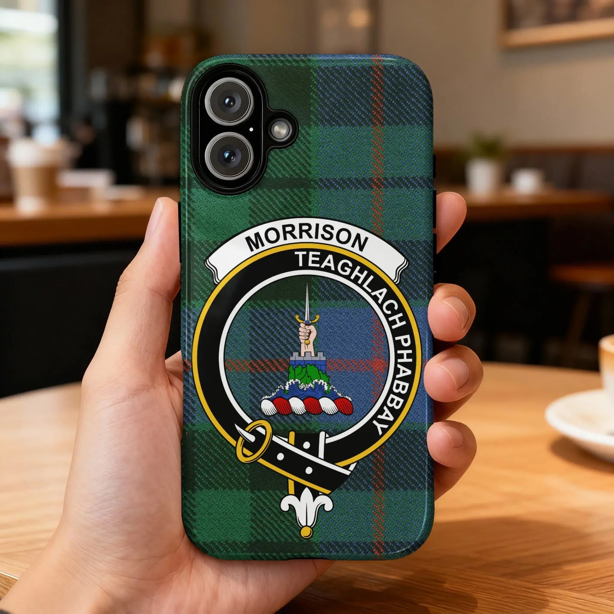 Morrison clan crest green tartan phone cover rear view — edge-to-edge Teaghlach Phabbay wrap print