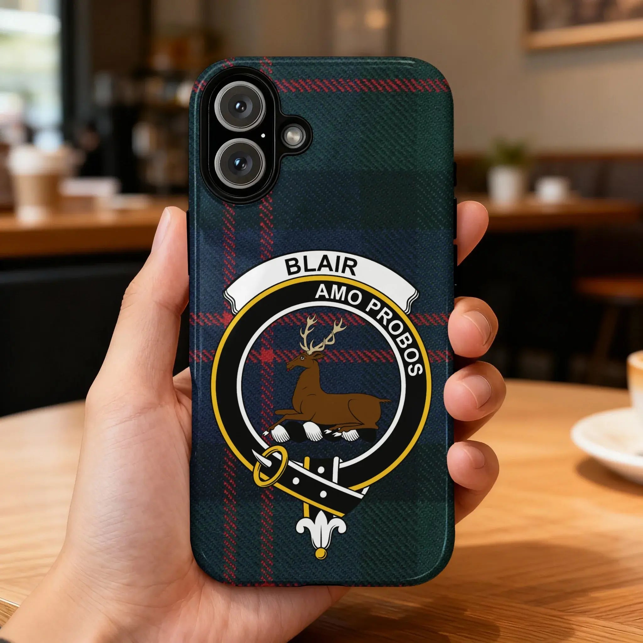 Clan Blair tartan crest phone case on iPhone — Amo Probos stag design, glossy impact-resistant finish