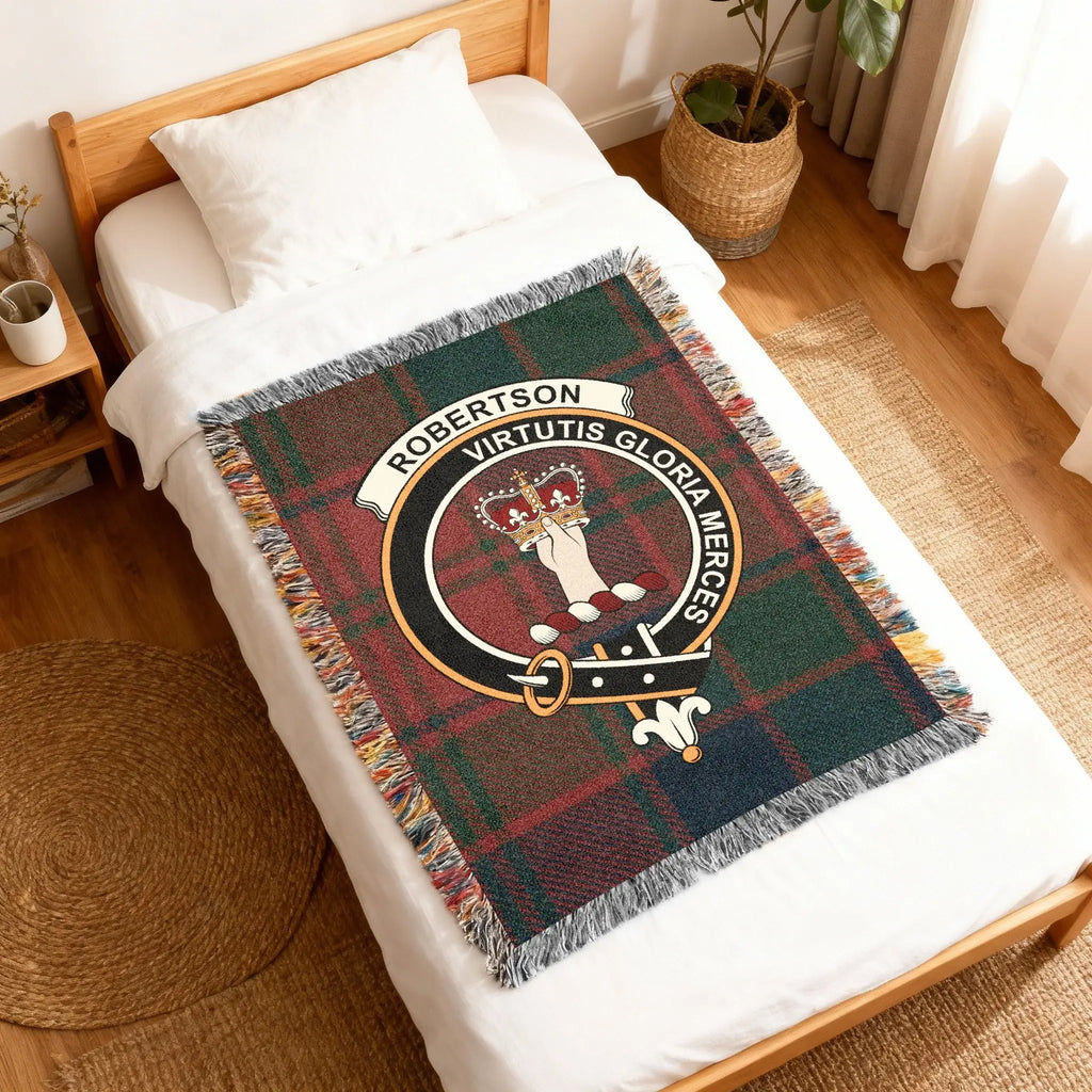 Robertson clan crest woven blanket — red plaid tartan throw, 60x50 size