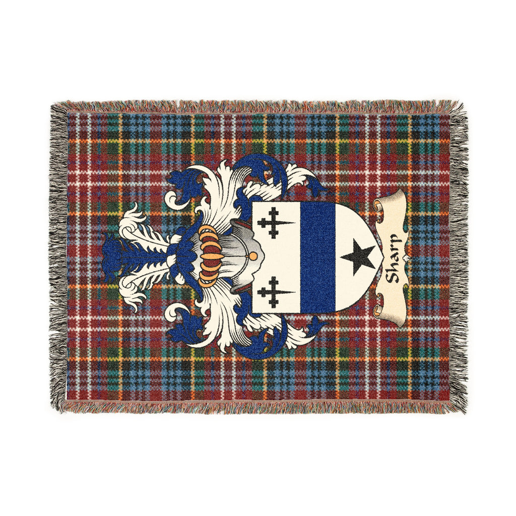 Sharp Scottish woven blanket with family shield and Caledonia tartan background