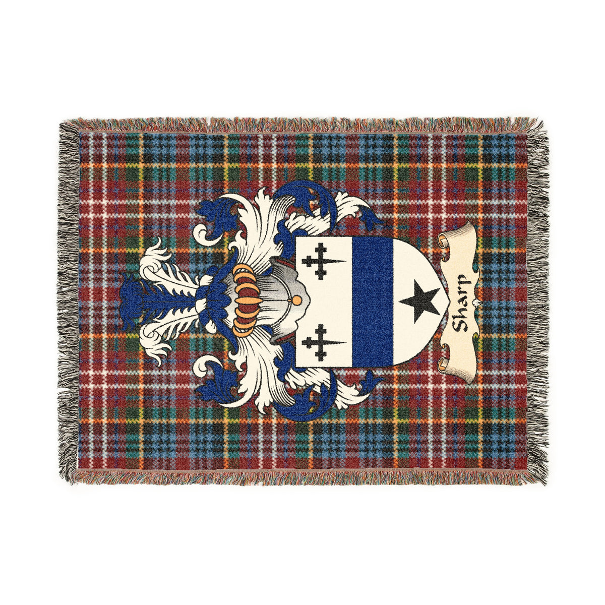 Sharp Scottish woven blanket with family shield and Caledonia tartan background