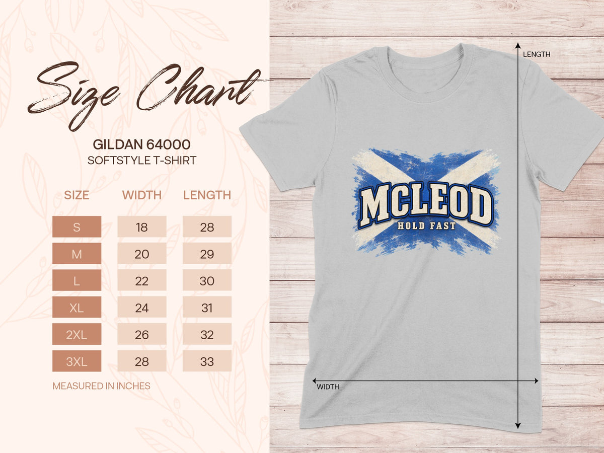 Gildan Softstyle 64000 size chart for the McLeod Saltire T-shirt, showing shirt width and length in inches.