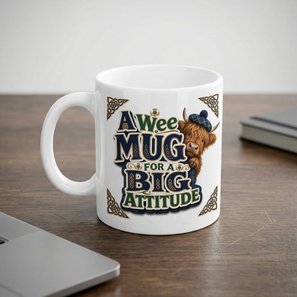 White mug with "A Wee Mug for a Big Attitude" text and Highland cow graphic.