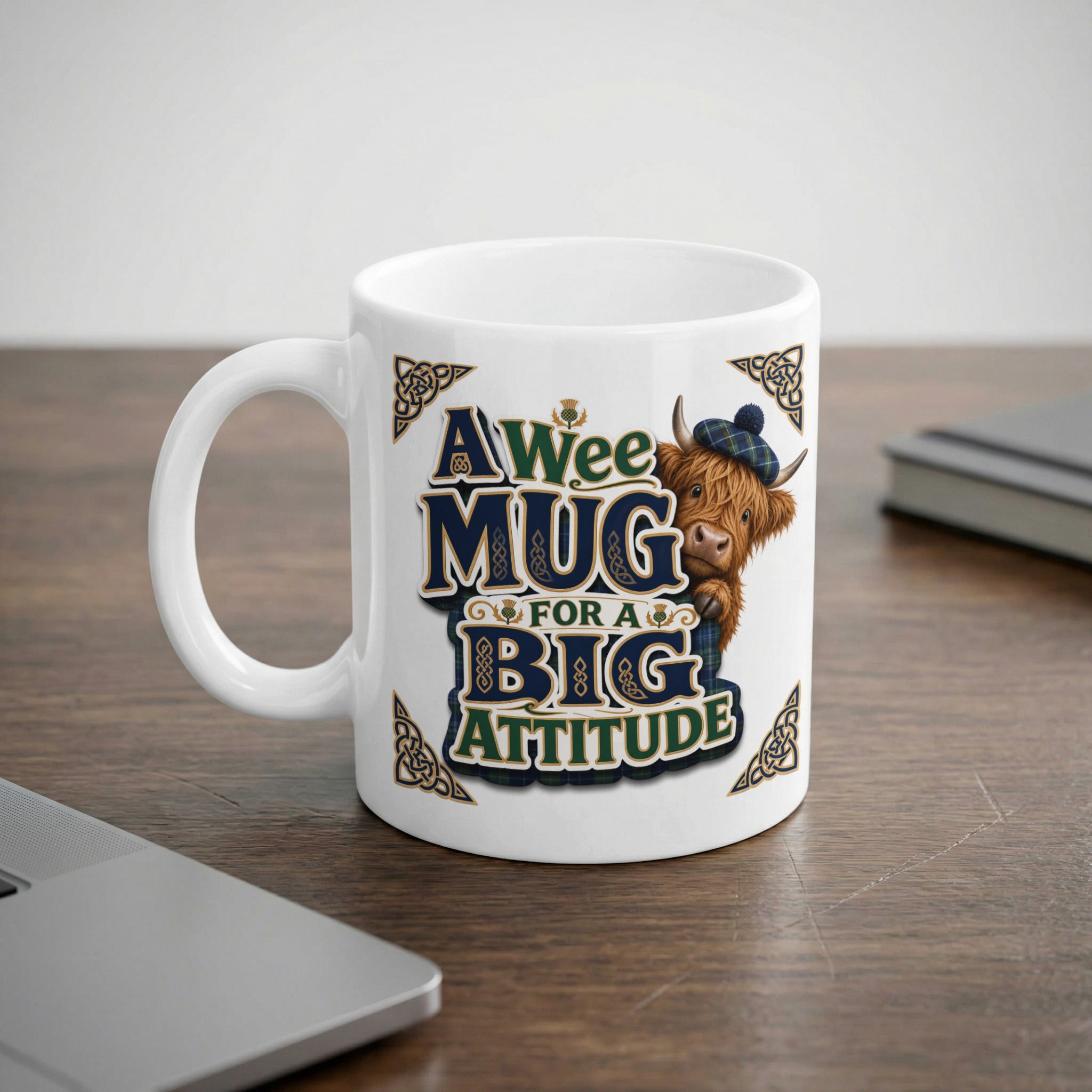 White mug with "A Wee Mug for a Big Attitude" text and Highland cow graphic.