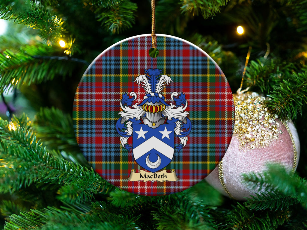 MacBeth Scottish clan ceramic ornament with family crest on a Caledonia tartan background, hanging on a Christmas tree