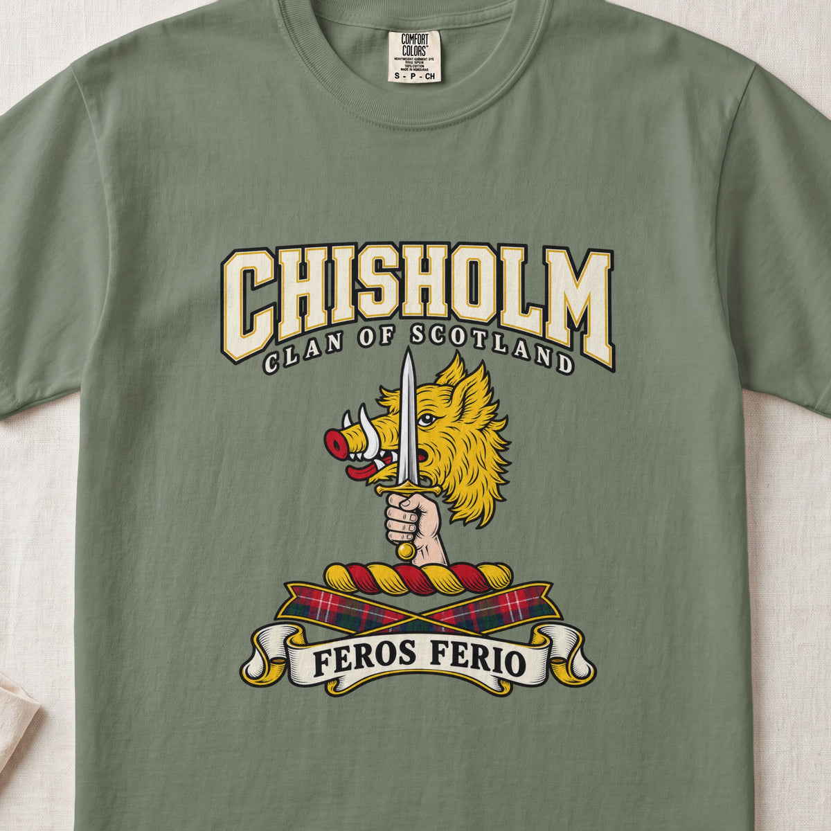 Chisholm Scottish clan graphic T-shirt in Moss, front view
