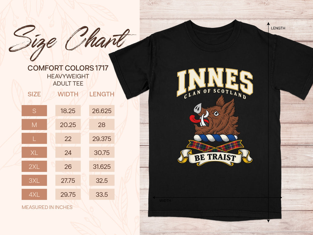 Comfort Colors 1717 size chart in inches with a black Innes clan crest T-shirt preview