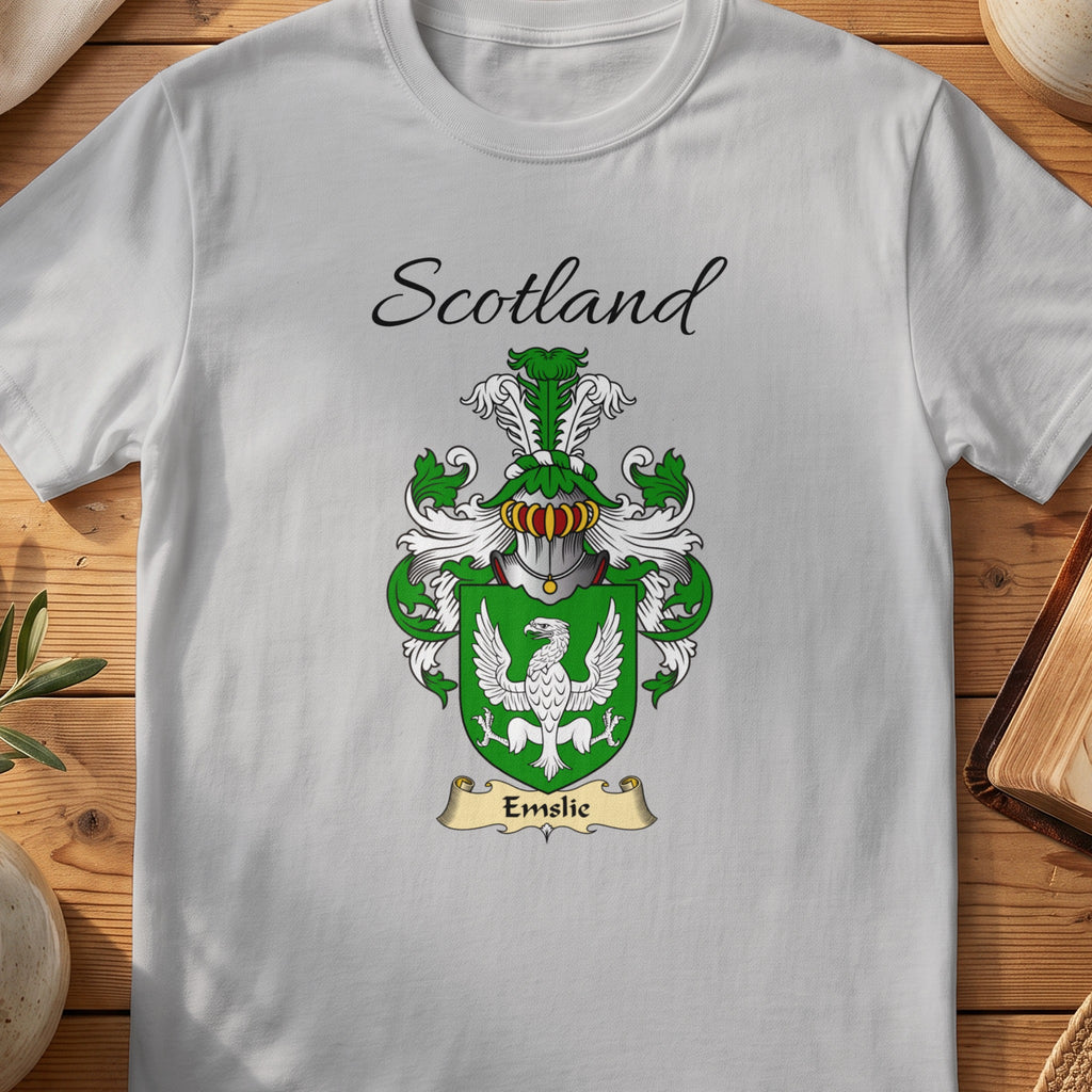 Sport Grey Emslie Scottish family shield T-shirt featuring a white spread-winged bird on green