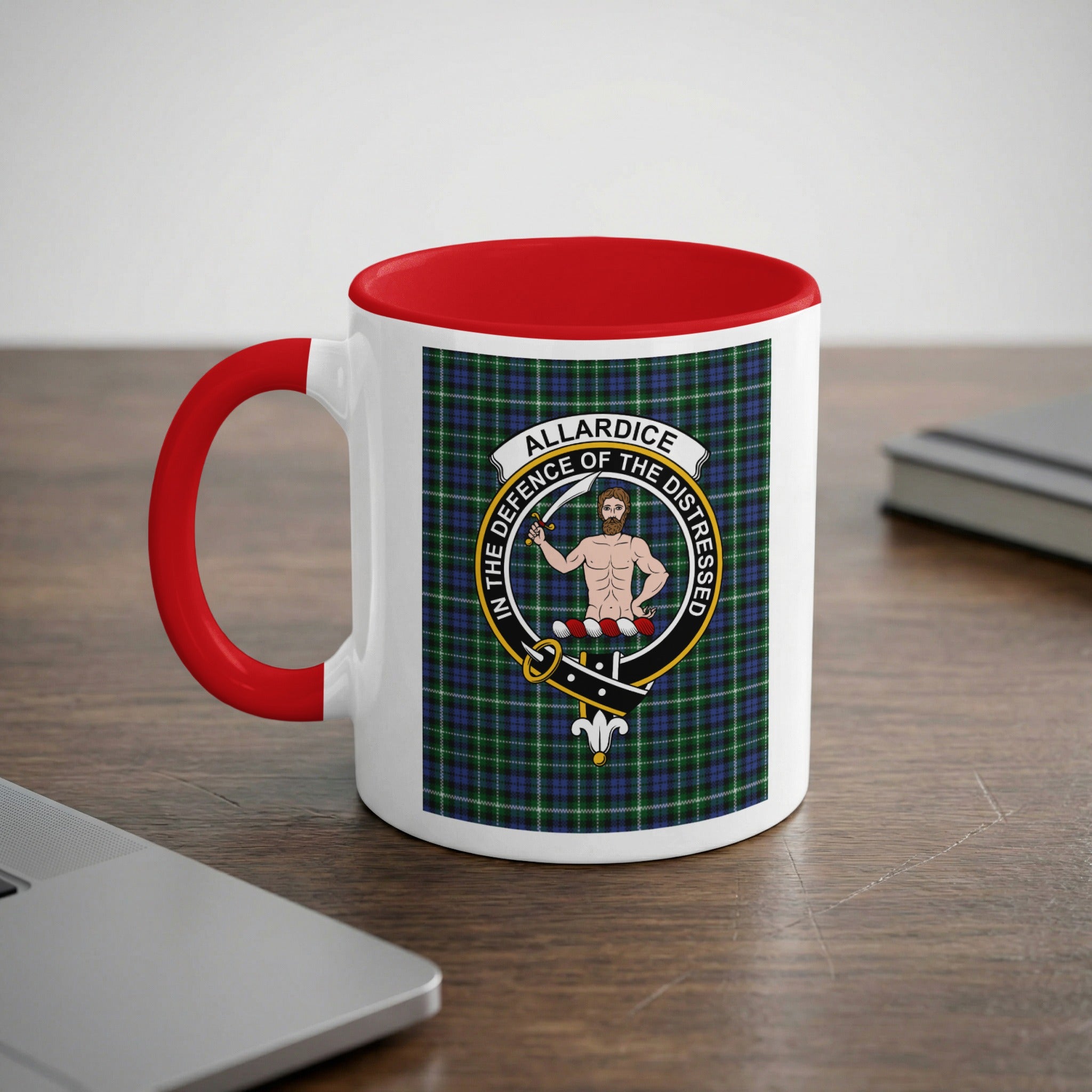 Allardice Scottish family crest artwork on an 11 oz red accent mug with a tartan background