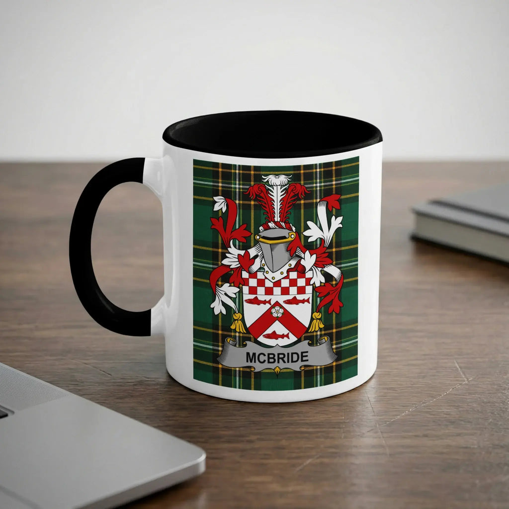 McBride Irish heritage mug with black handle and family crest