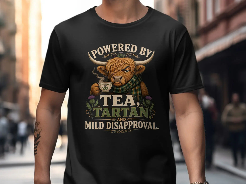 Highland cow in tartan scarf holding tea mug with text "Powered by Tea, Tartan, and Mild Disapproval."