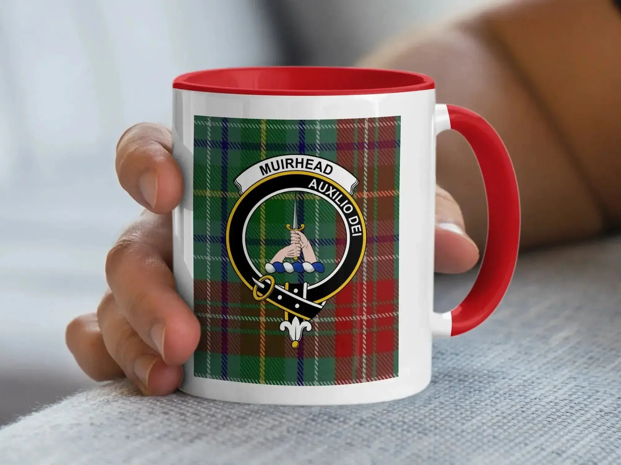Muirhead clan tartan accent mug in red colourway — 11oz ceramic with Auxilio Dei crest