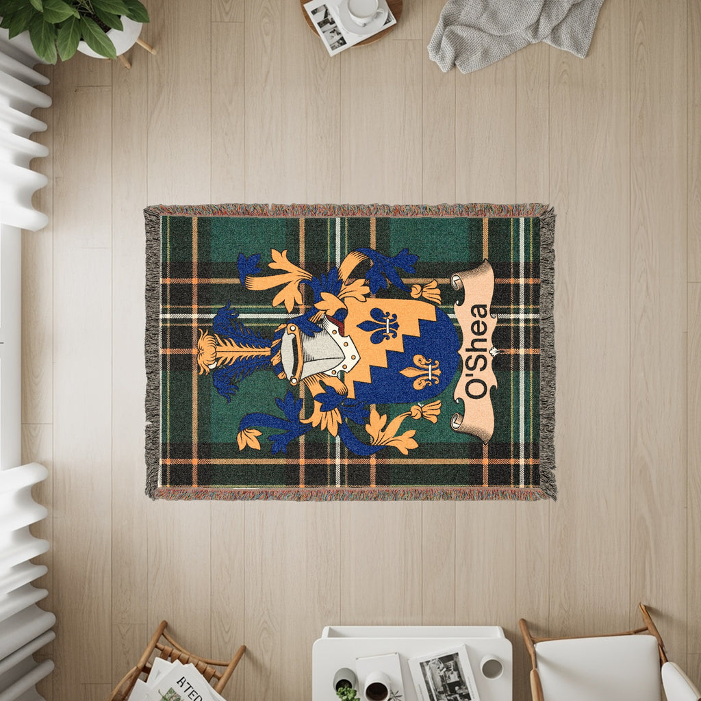 O'Shea Irish National Tartan woven cotton blanket with surname artwork